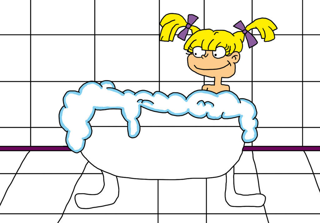 angelica pickles 桌布 壁紙 — 一個開心的卡通女孩，黃色辮子，在瓷磚浴室裡充滿泡泡的浴缸中微笑。