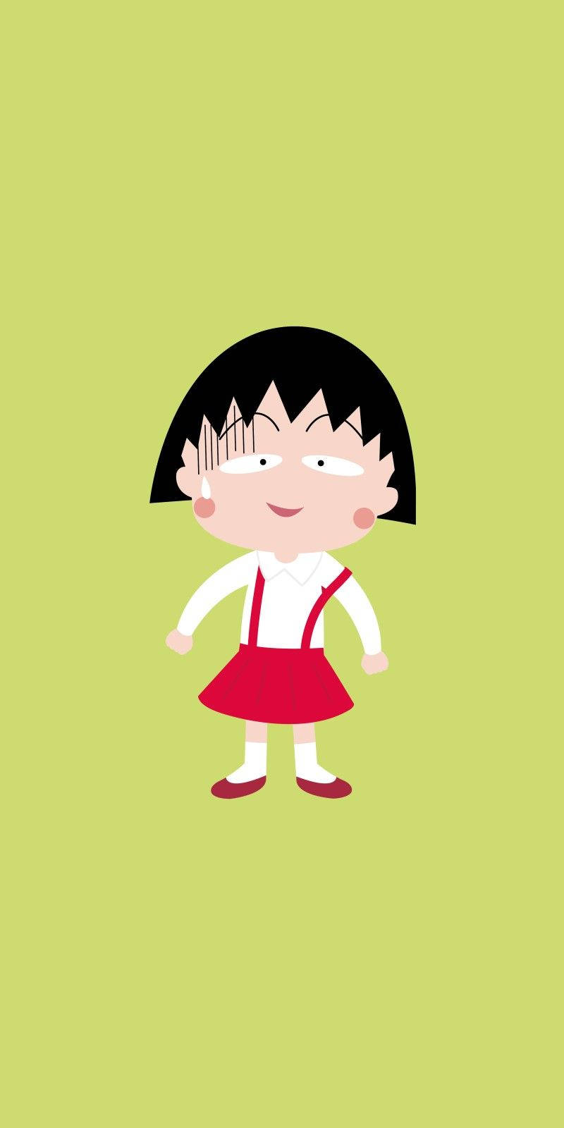 Chibi Maruko Chan 桌布 壁紙 — 一個開心的卡通女孩，黑色鮑伯頭和紅色吊帶褲，站在純淺綠色背景前。
