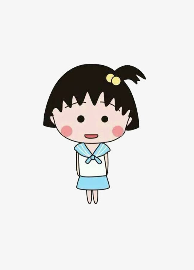 Chibi Maruko Chan 桌布 壁紙 — 一個開心的卡通女孩，黑色鮑伯頭和黃色髮夾，穿著藍色水手服，背景簡潔。