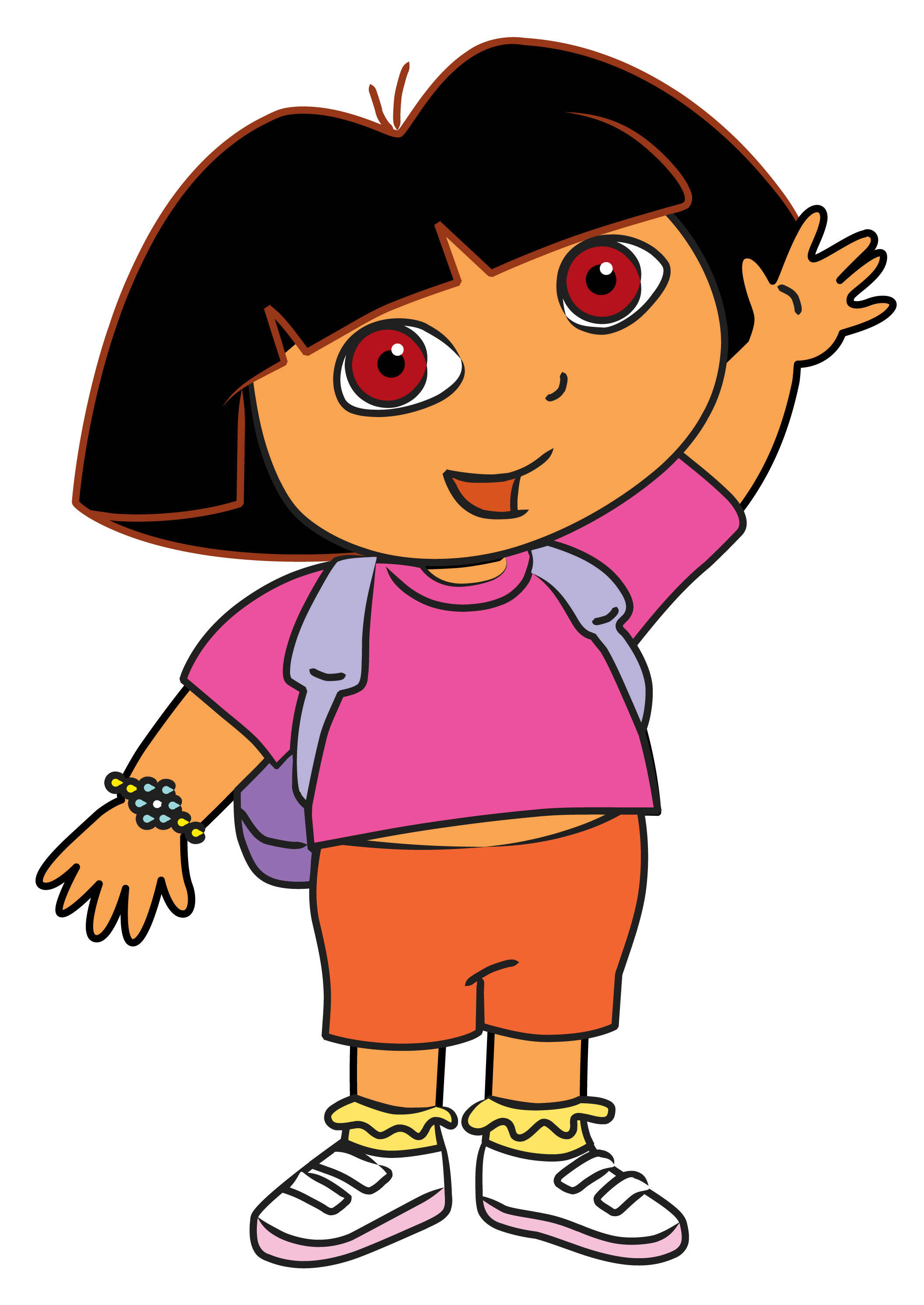 Dora 桌布 壁紙 — 一個開心的卡通女孩，黑色鮑伯頭和紅色眼睛，穿著粉紅色襯衫、橙色短褲和紫色背包，高興地揮手。