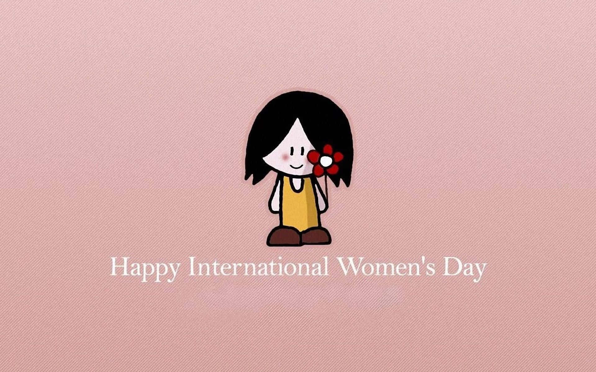 Happy Womens Day 桌布 壁紙 — 一個開心的卡通女孩，黑髮紅花，在柔和的粉紅色紋理背景上，手持國際婦女節的祝福。