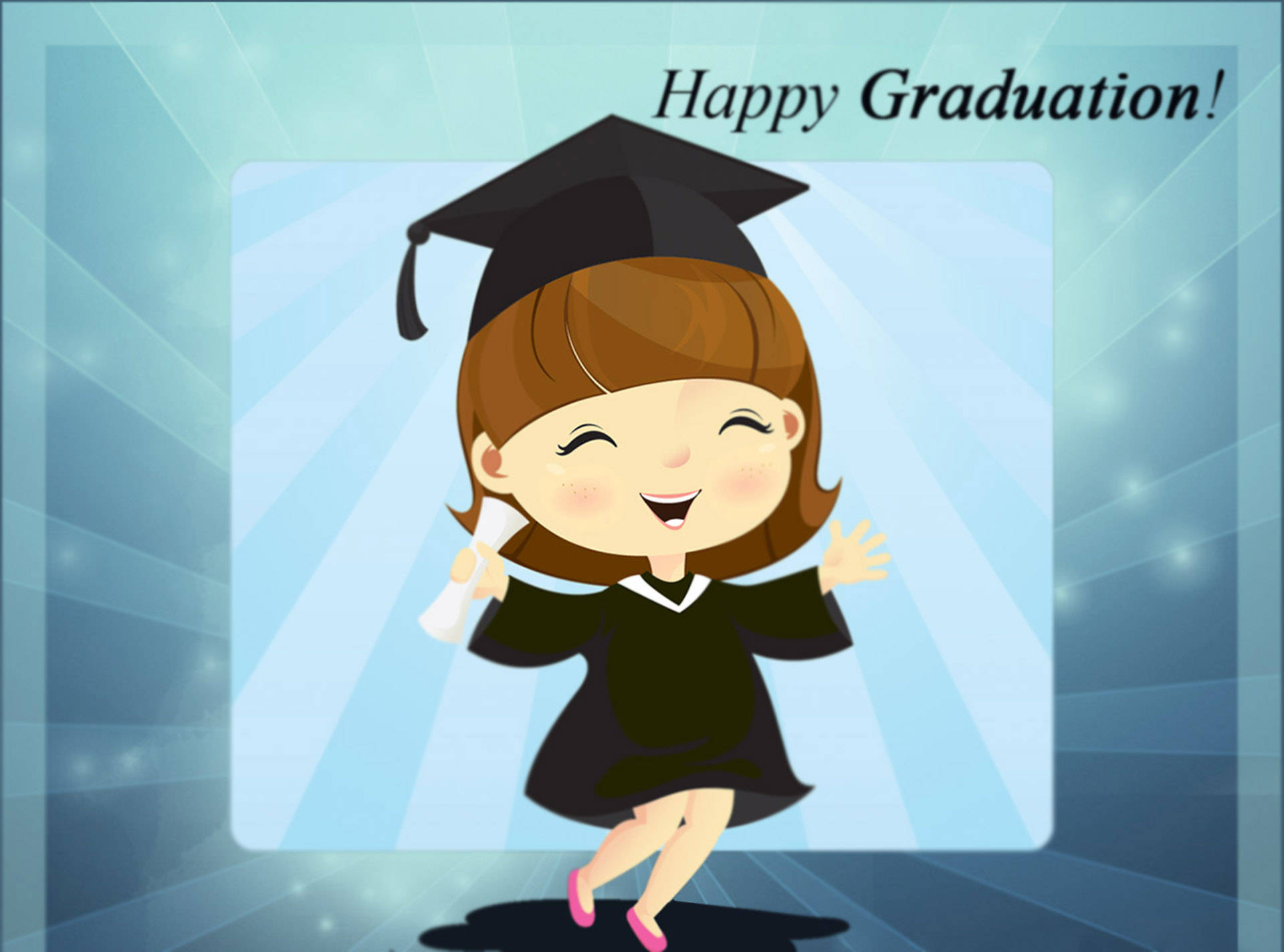 Graduation 桌布 壁紙 — 一個開心的卡通女孩戴著畢業帽和穿著畢業袍，在燦爛的藍色背景前快樂地跳舞，手裡拿著文憑。