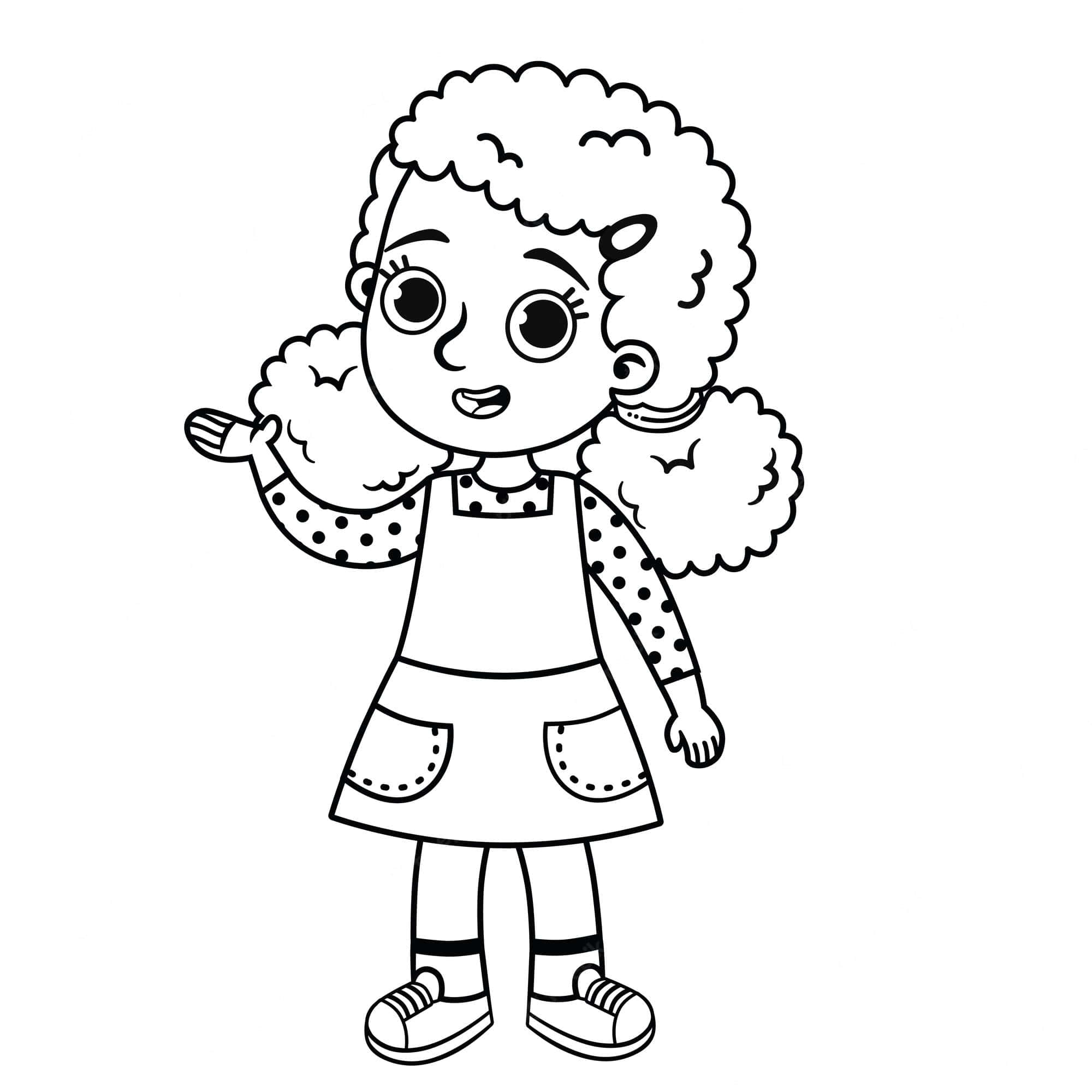 Black And White Drawings 桌布 壁紙 — 一個開心的卡通女孩有捲髮，在簡單的黑白線條畫中開心地揮手。