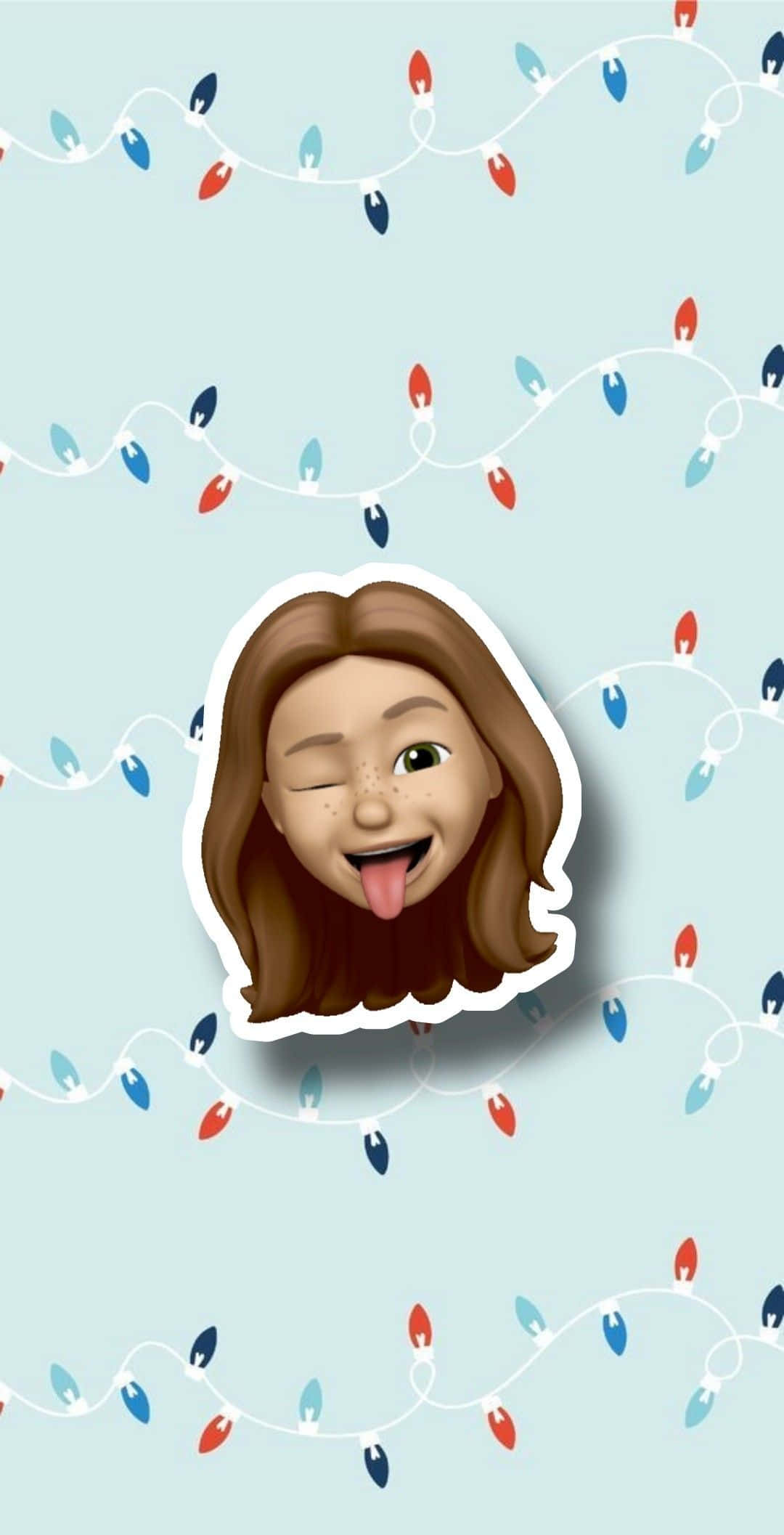 Cute TikTok Profile 桌布 壁紙 — 一個開心的卡通女孩有雀斑，在淺藍色背景上眨眼並伸出舌頭，背景有紅色、藍色和白色的燈串。