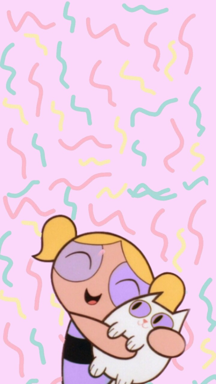 Powerpuff Girls 桌布 壁紙 — 一個開心的卡通女孩紮著金色雙馬尾，在粉紅色背景前抱著一隻白貓，背景有彩色塗鴉。