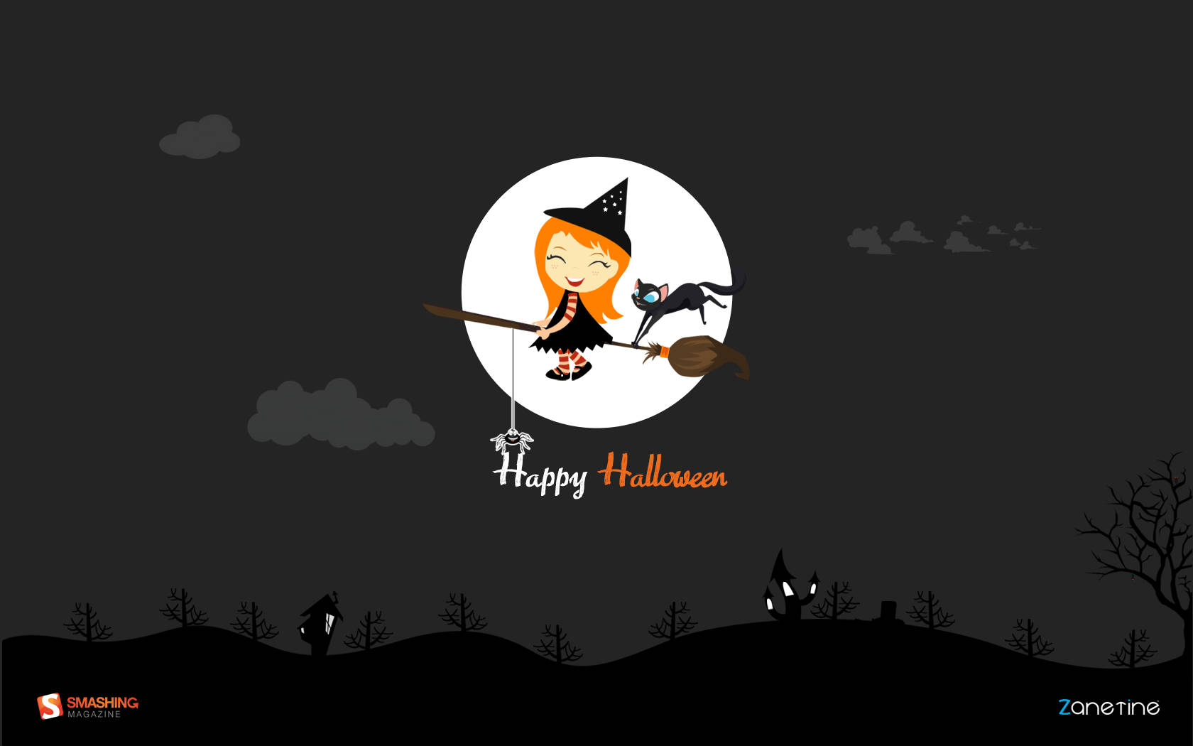 Dark Halloween 桌布 壁紙 — 一個開心的卡通女巫，橙色頭髮，騎著掃帚，帶著黑貓，在黑暗的萬聖節夜空中，以滿月為背景飛翔。