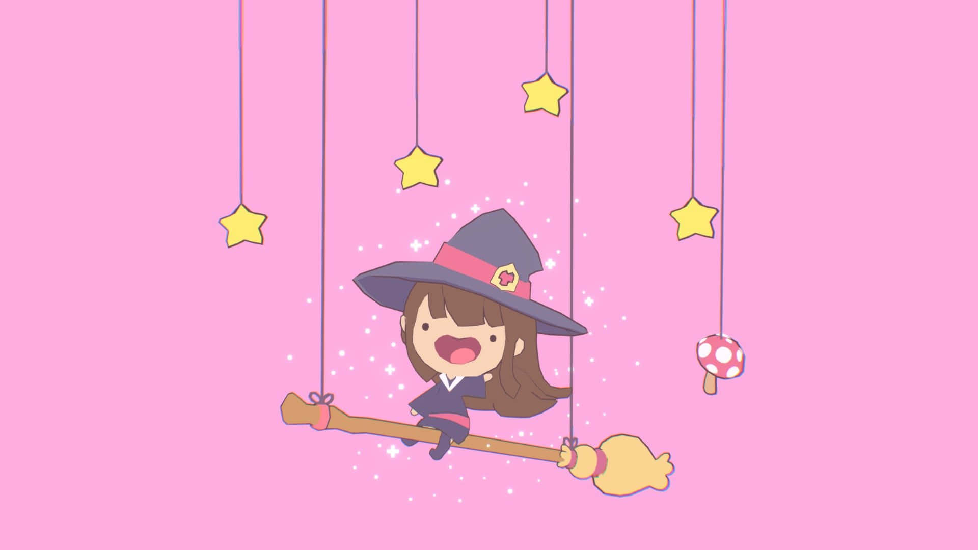動漫女孩 桌布 壁紙 — 一個開心的卡通女巫騎著掃帚懸浮在粉紅色的天空中，周圍有懸掛的星星和一個蘑菇。