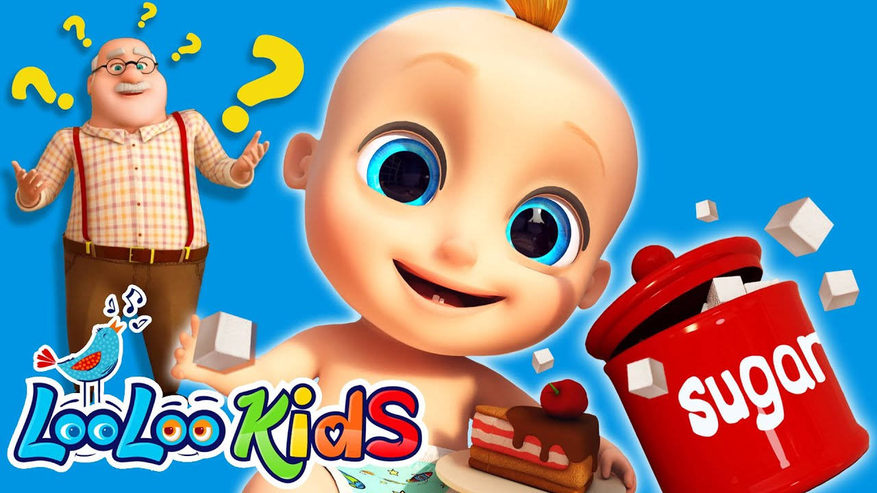 Dad 桌布 壁紙 — 一個開心的卡通嬰兒，有著大大的藍眼睛，在紅色糖罐旁邊拿著一片蛋糕，而一個困惑的男人帶著問號漂浮在附近。
