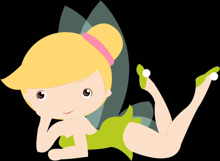 Peter Pan 桌布 壁紙 — 一個開心的卡通小仙女，金髮綠翼，在黑色背景上悠閒地躺著。