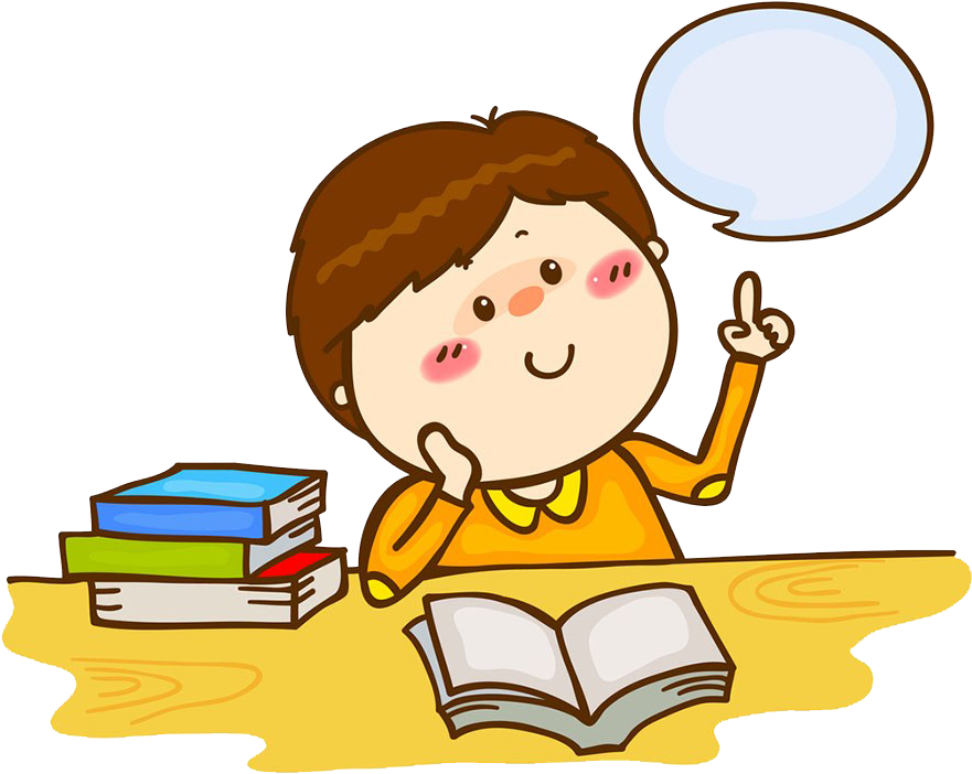 Clip Art 桌布 壁紙 — 一個開心的卡通小孩，棕色頭髮，坐在木書桌前，周圍有書本和一本打開的教科書，手指向上，頭上有個思想泡泡。