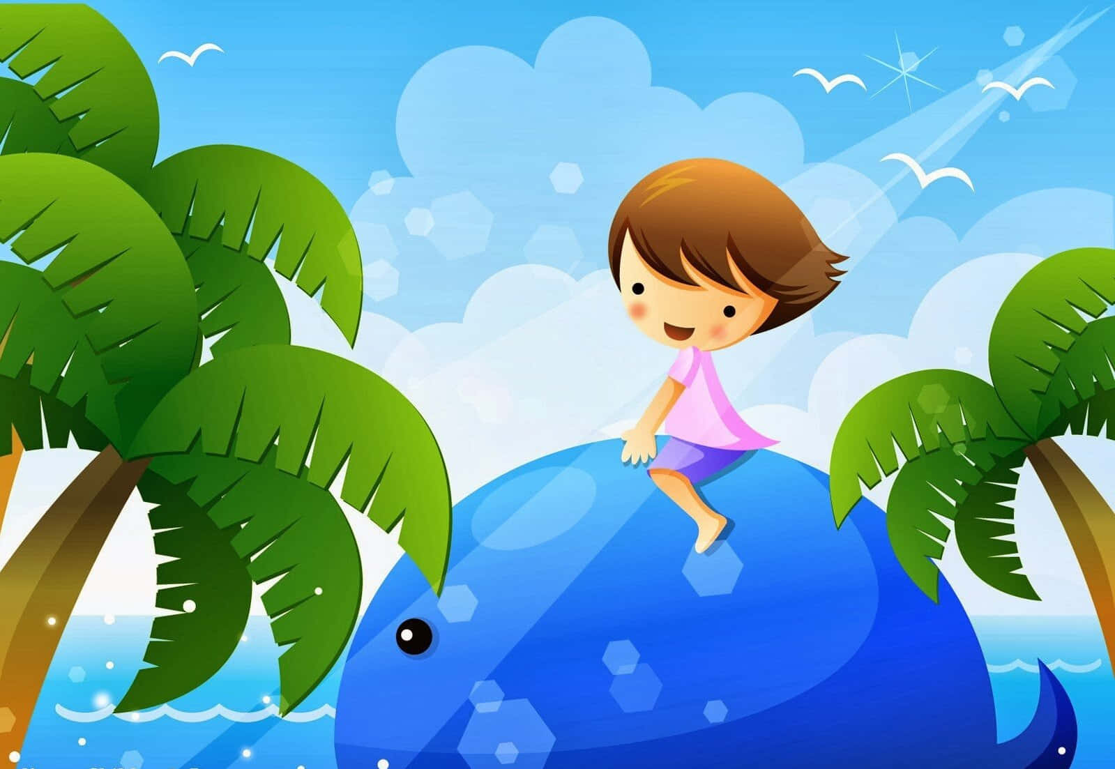 小孩動圖 桌布 壁紙 — 一個開心的卡通小孩坐在微笑的藍鯨上，周圍有棕櫚樹和海鷗，在明亮的藍天下。