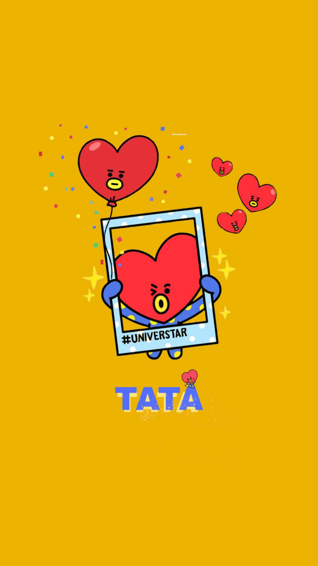 塔塔 BT21 桌布 壁紙 — 一個開心的卡通心形角色拿著一個帶有標籤的相框，在純黃色背景上與五彩紙屑和較小的心形一起漂浮。