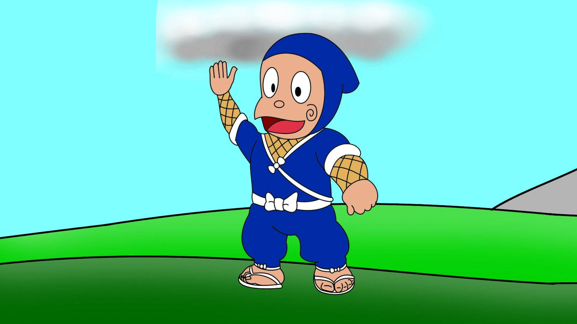 動漫男孩 桌布 壁紙 — 一個開心的卡通忍者在晴朗藍天白雲下的翠綠山丘上開心地揮手。