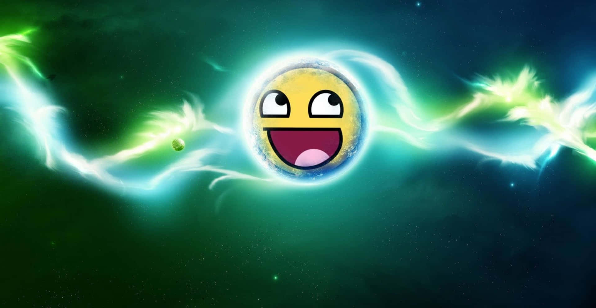 Happy Face 桌布 壁紙 — 一個開心的卡通星球，咧嘴大笑，眼睛射出綠色能量光束，穿越星羅棋布的宇宙虛空。