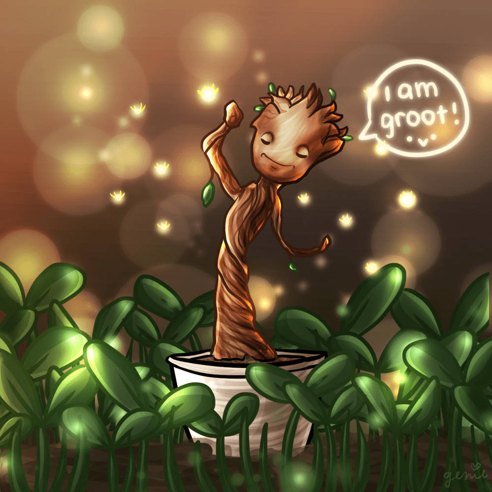 Baby Groot 桌布 壁紙 — 一個開心的卡通格魯特站在白色花盆中，周圍是發光的綠色植物，背景是溫暖的散景天空。