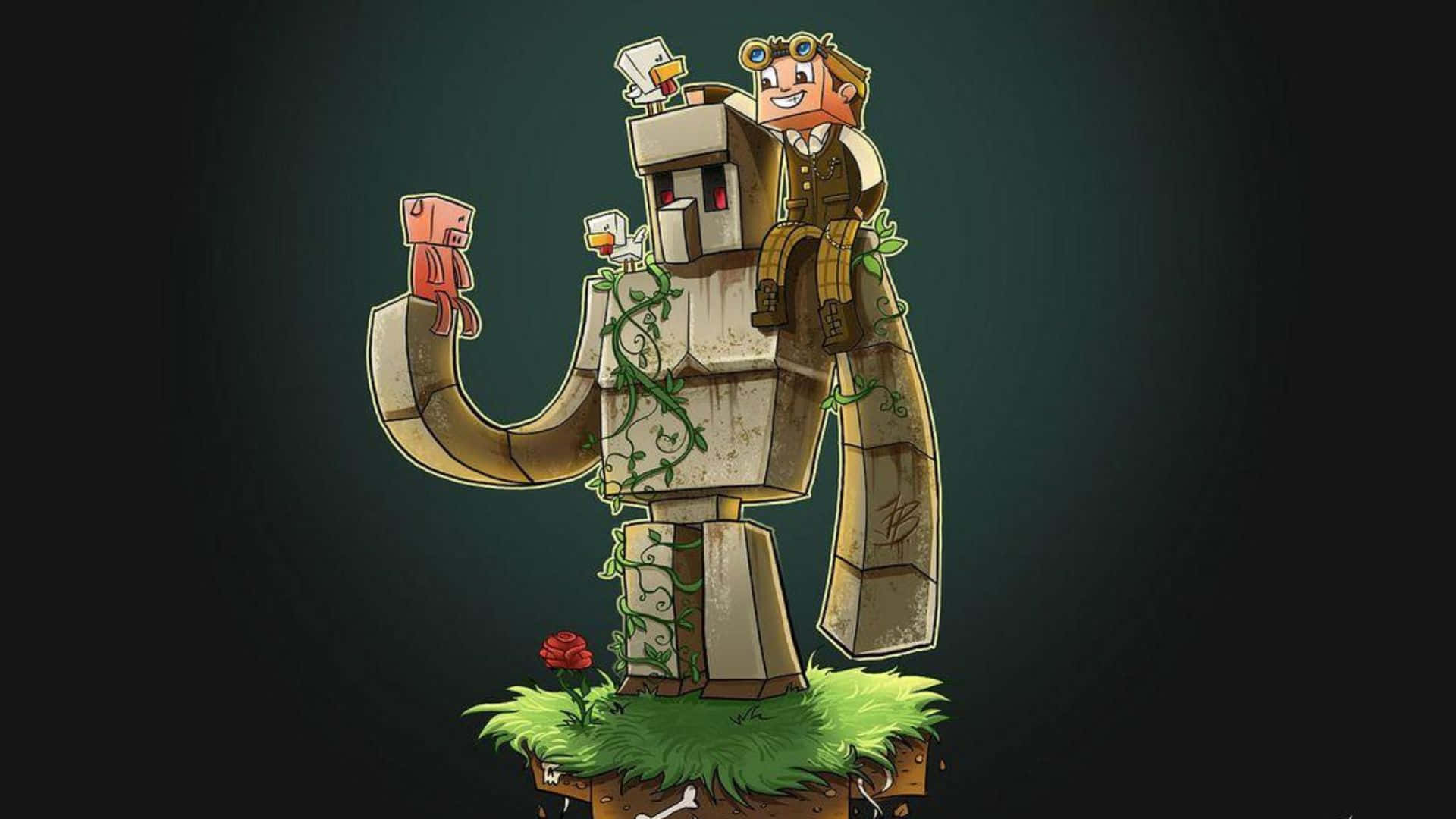 Minecraft Iron Golem 桌布 壁紙 — 一個開心的卡通機器人，身上有藤蔓和一朵紅玫瑰，站在一片草地上，背景是深色的。