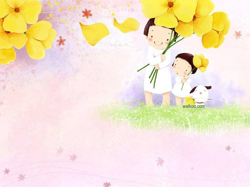 可愛桌面 桌布 壁紙 — 一個開心的卡通母親和小孩穿著白色連衣裙，拿著黃色花朵，旁邊有一隻可愛的狗，背景是柔和的粉紅色和綠色。