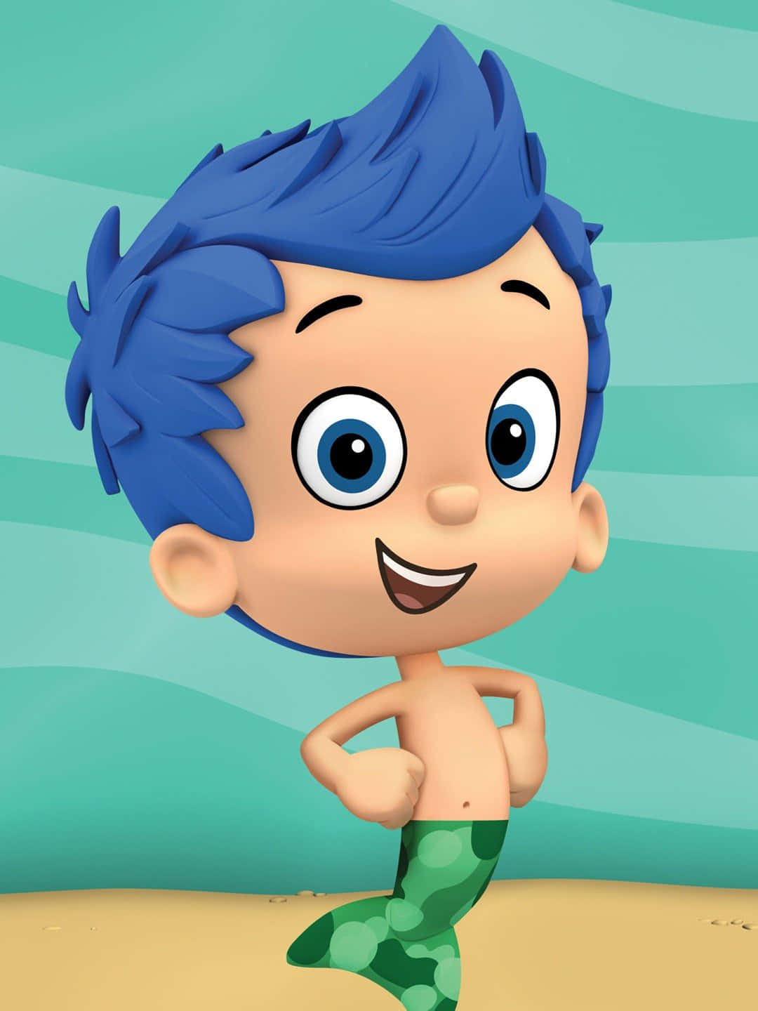 Bubble Guppies 桌布 壁紙 — 一個開心的卡通海男仔，藍色頭髮和綠色尾巴，自信地站在沙質海底，背景是藍綠色海水。
