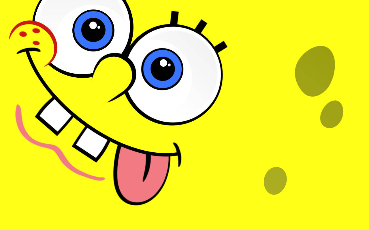 Cool Spongebob 桌布 壁紙 — 一個開心的卡通海綿，有著大大的藍眼睛和燦爛的笑容，在明亮的黃色背景上伸出舌頭。