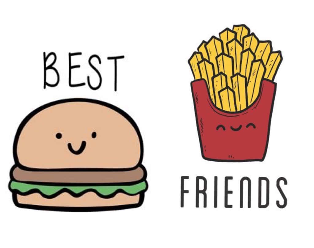 桌布 壁紙 — 一個開心的卡通漢堡和薯條，有笑臉和粗體字 'BEST FRIENDS'。