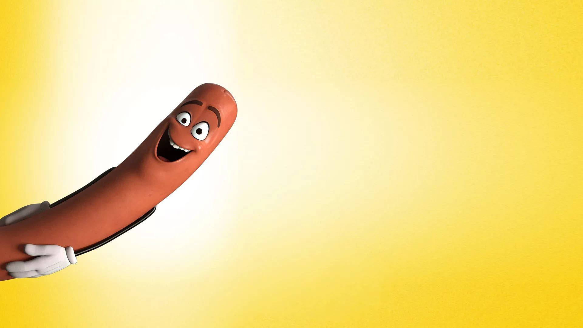 meme 桌布 壁紙 — 一個開心的卡通熱狗，咧嘴大笑，戴著白色手套，從明亮的黃色漸變背景中出現。
