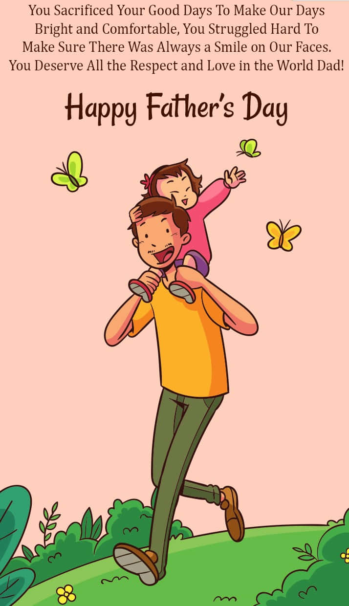 Fathers Day 桌布 壁紙 — 一個開心的卡通爸爸將微笑的女兒扛在肩上，穿過有蝴蝶飛舞的草地。