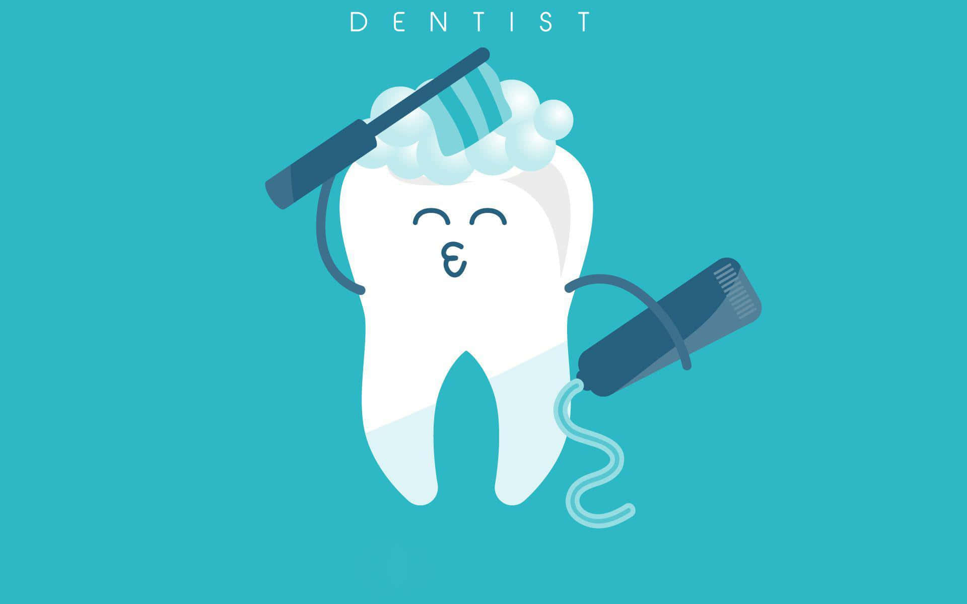 Tooth 桌布 壁紙 — 一個開心的卡通牙齒在青綠色背景上用泡沫和牙膏刷自己的牙齒。