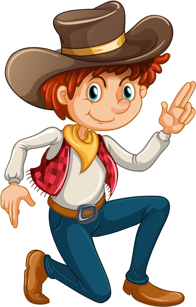 Cowboy 桌布 壁紙 — 一個開心的卡通牛仔，紅頭髮，戴棕色帽，以動態姿勢愉快地揮手。