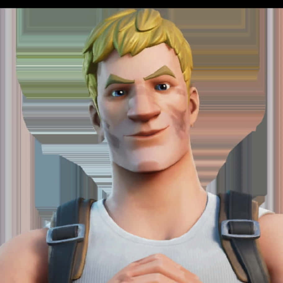 Jonesy Fortnite 桌布 壁紙 — 一個開心的卡通男人，金髮，穿著白色背心，微笑著背著背包帶。