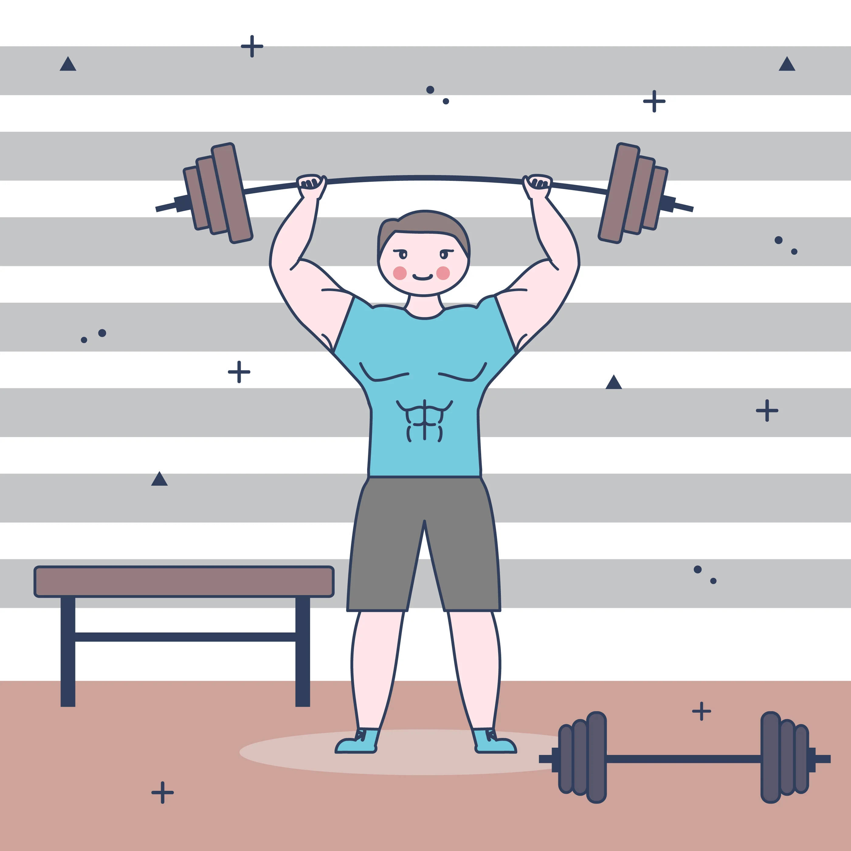 Barbell 桌布 壁紙 — 一個開心的卡通男人在一個有條紋牆壁和長凳的健身房裡將槓鈴舉過頭頂。