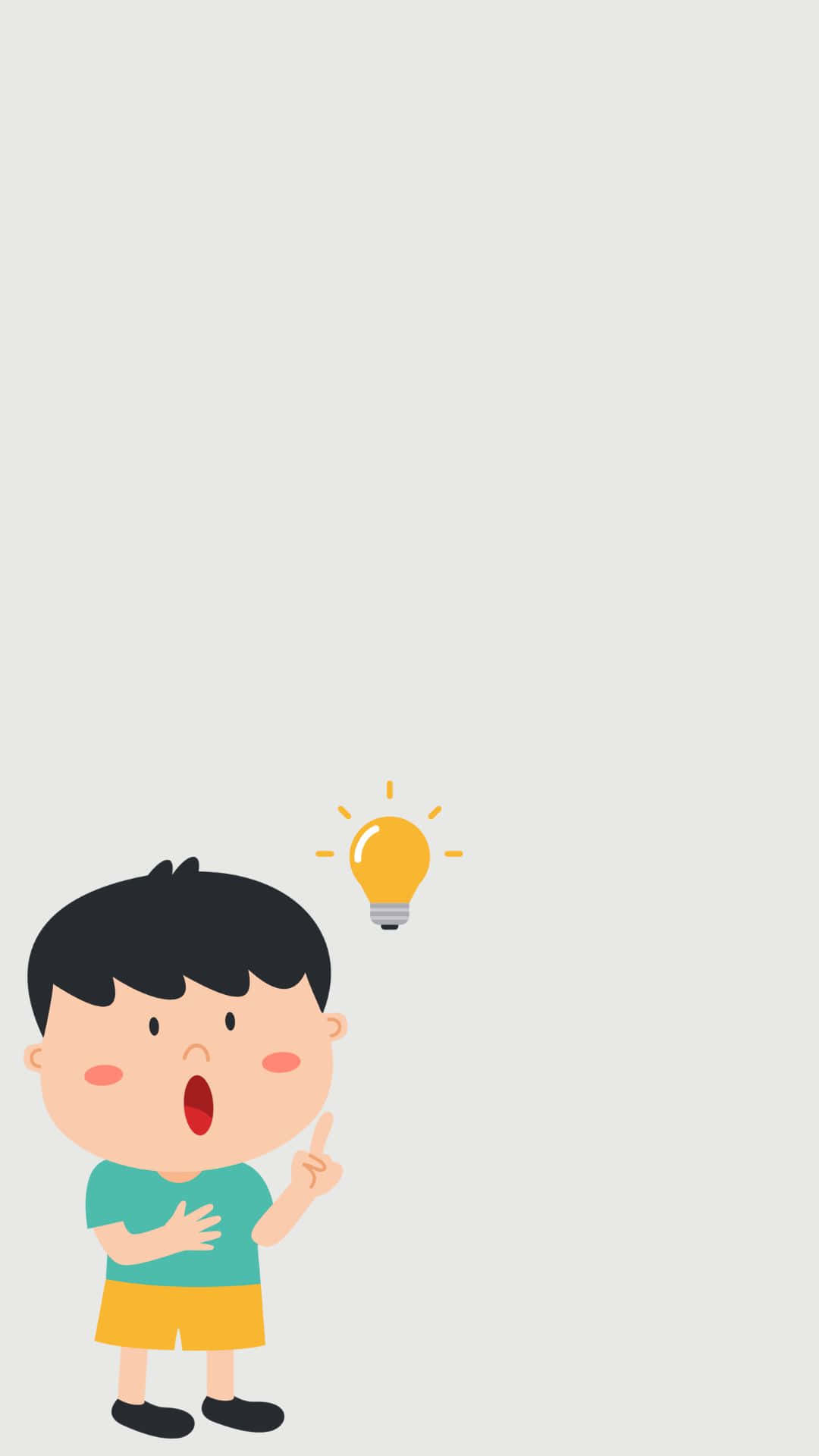 Cartoon Boy 桌布 壁紙 — 一個開心的卡通男孩，張開嘴巴，舉起手指，頭頂上有一個發光的燈泡，背景是純色的。