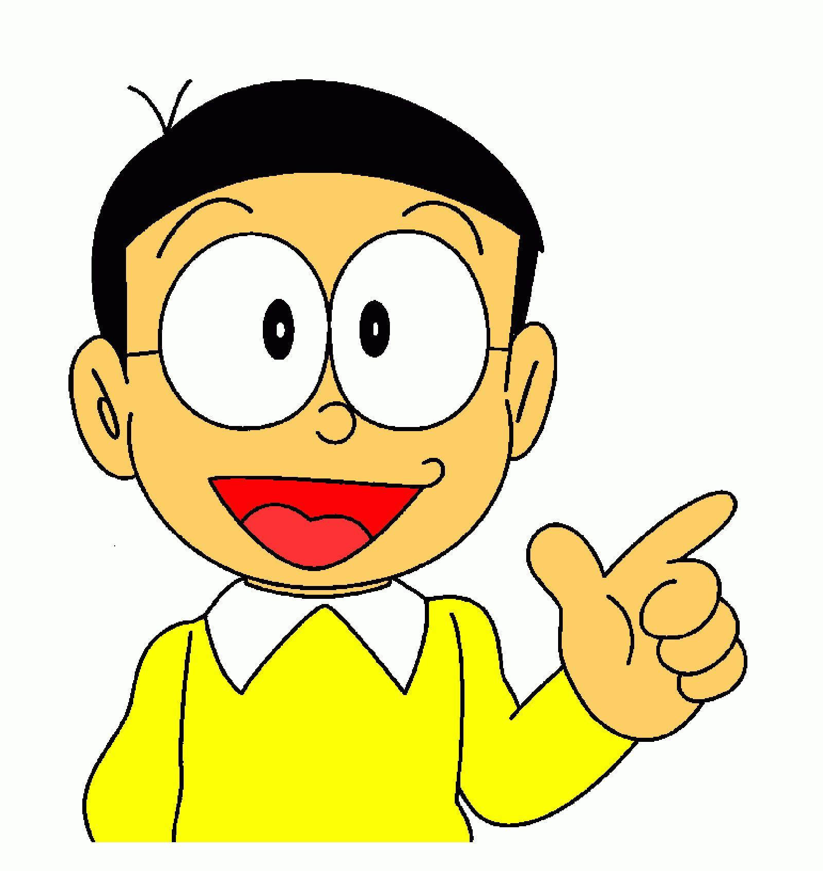 nobita 桌布 壁紙 — 一個開心的卡通男孩，有大大的圓眼睛和黃色毛衣，興奮地指著，露出燦爛的笑容。