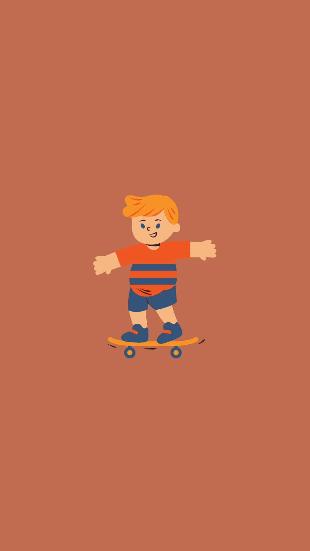 skateboarding 桌布 壁紙 — 一個開心的卡通男孩，橙色頭髮，在純色陶土背景上玩滑板。