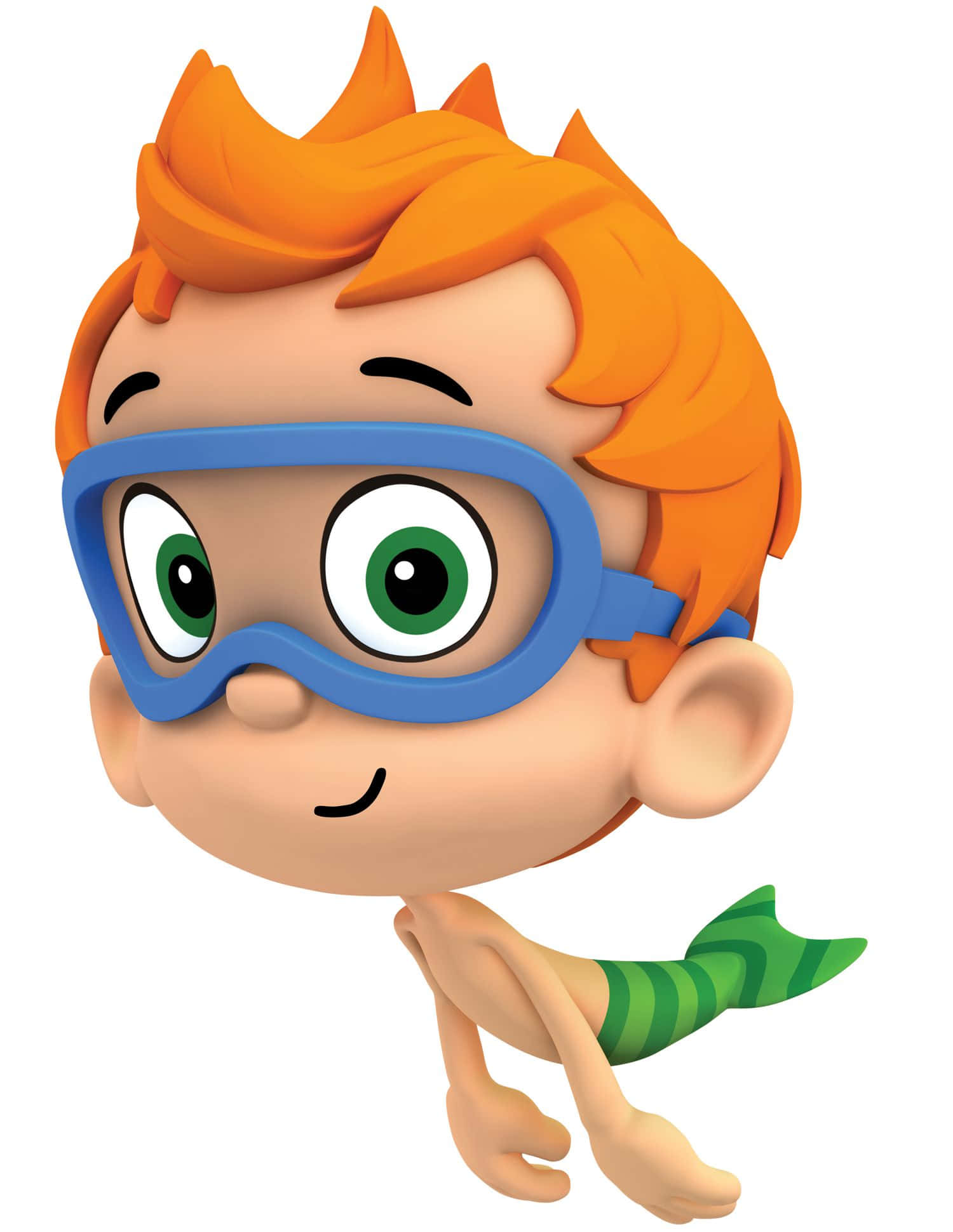 Bubble Guppies 桌布 壁紙 — 一個開心的卡通男孩，橙色頭髮，藍色泳鏡，帶著綠色條紋尾巴游泳。