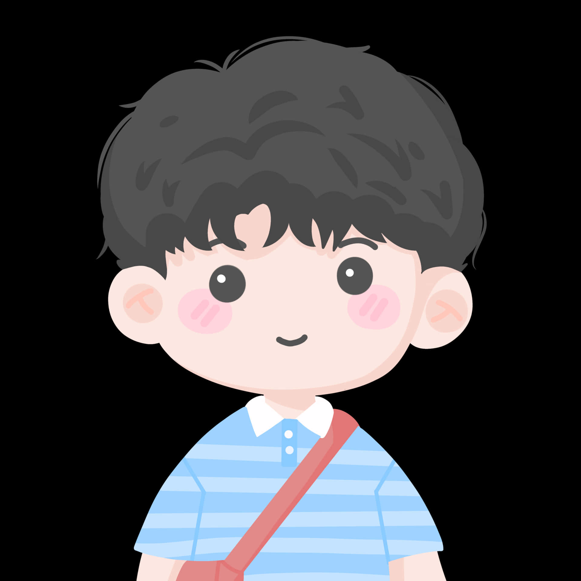 Cartoon 桌布 壁紙 — 一個開心的卡通男孩，深色頭髮，玫瑰色臉頰，穿著藍色條紋襯衫，背著紅色肩帶袋，背景為黑色。