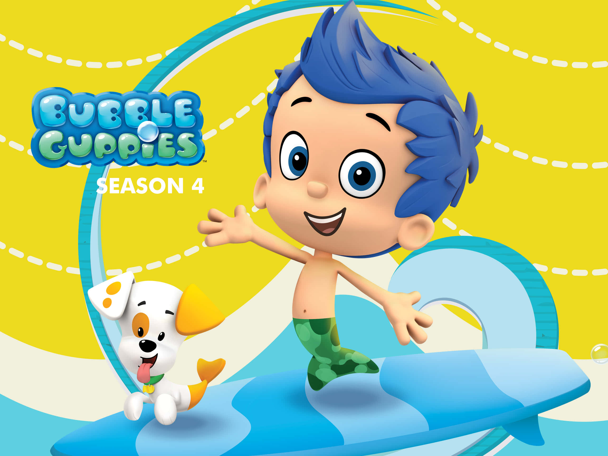 Bubble Guppies 桌布 壁紙 — 一個開心的卡通男孩，藍色頭髮，綠色泳褲，騎著藍色衝浪板，旁邊有一隻白色狗，背景是明亮的黃色。