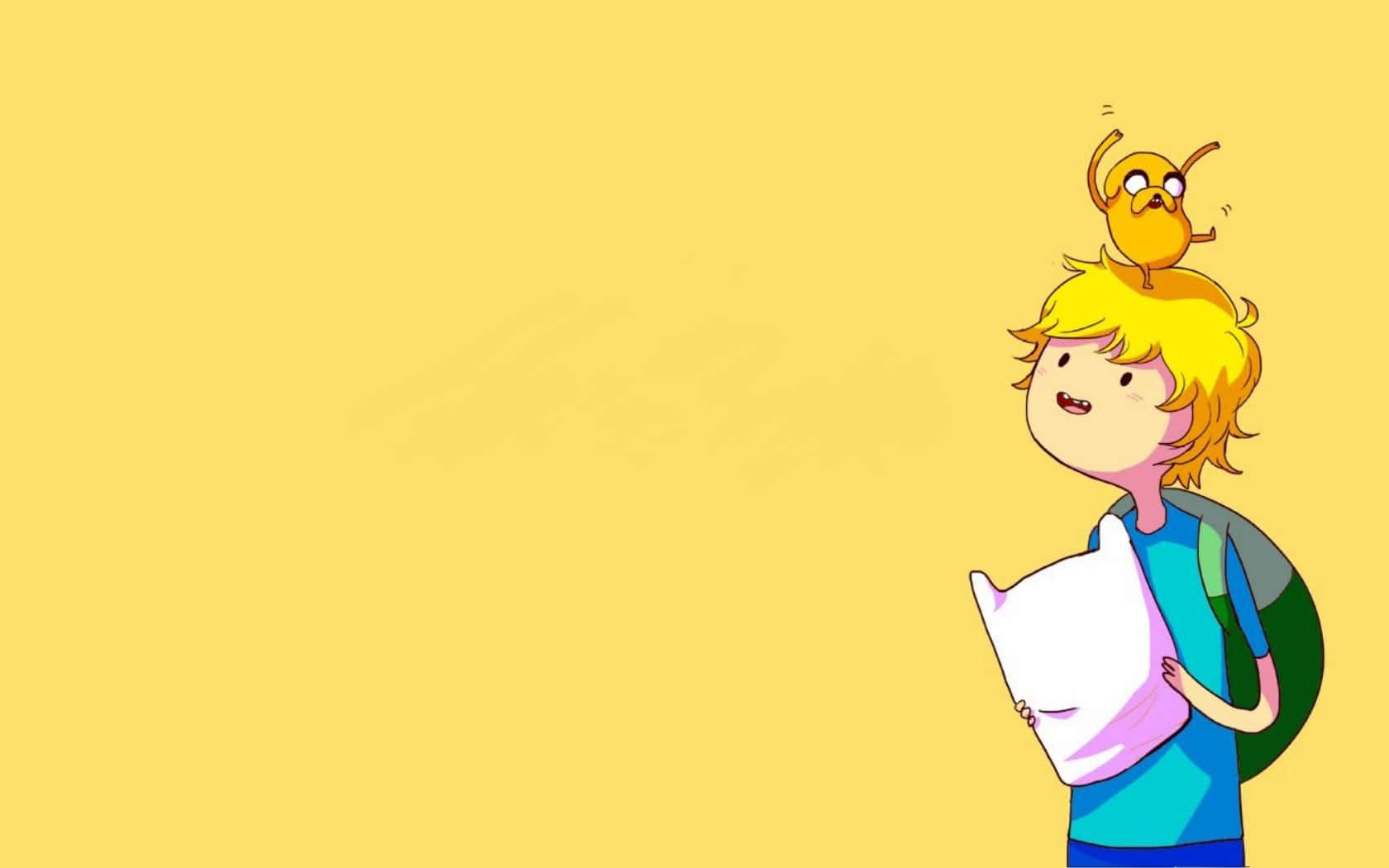 Animated Tv Series 桌布 壁紙 — 一個開心的卡通男孩，金髮，抱著一個枕頭，一隻黃色小生物棲息在他的頭頂上，背景是純黃色。