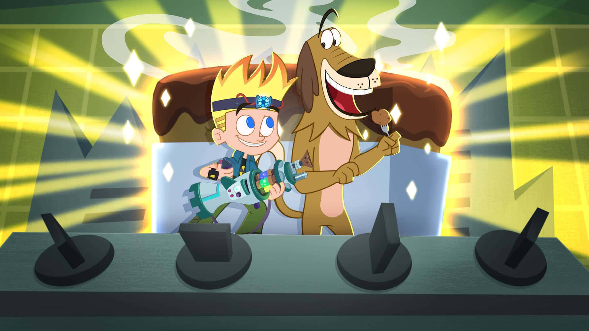 Johnny Test 桌布 壁紙 — 一個開心的卡通男孩和他的狗站在控制面板後面，背景有黃色光束和鑽石閃光。