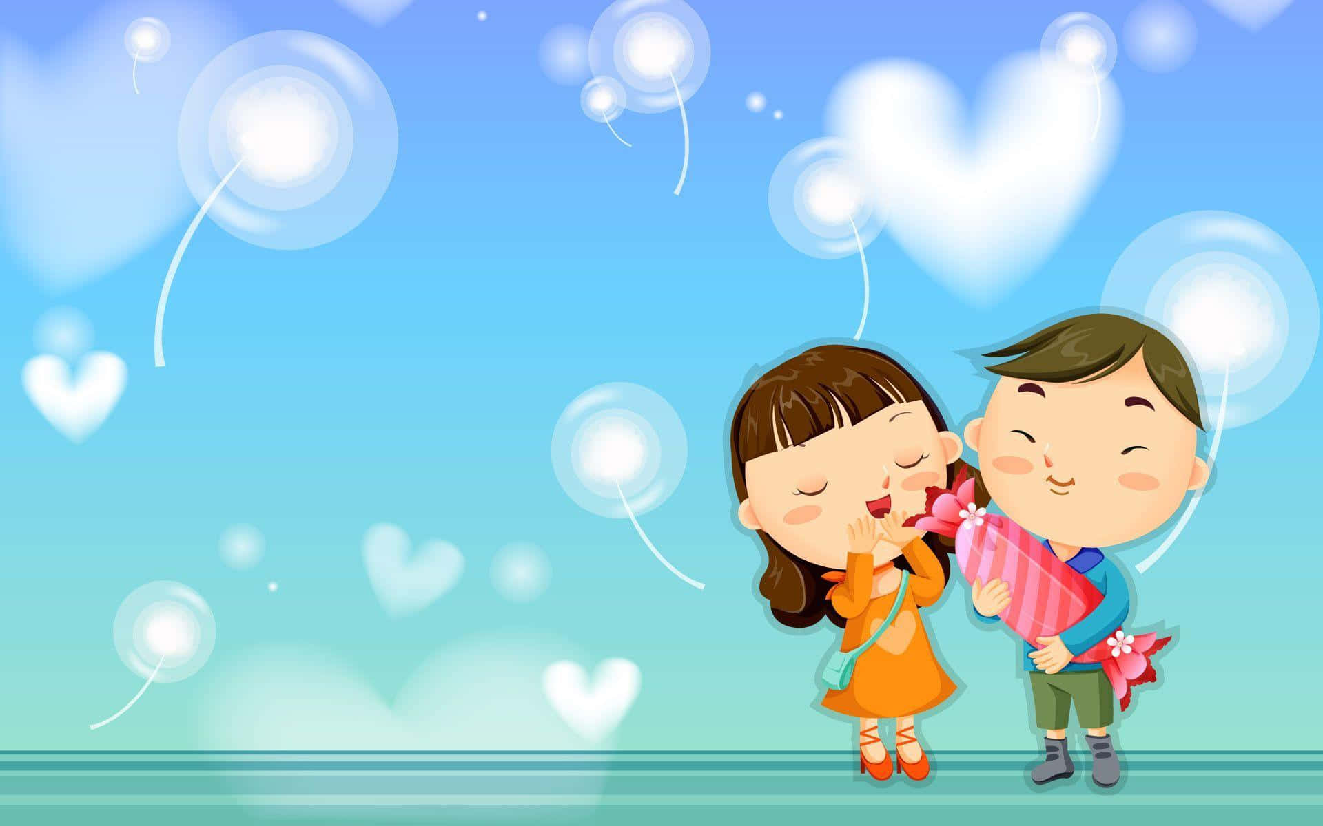 couple love 桌布 壁紙 — 一個開心的卡通男孩和女孩在柔和的藍天下，拿著禮物，分享一個甜蜜的吻，周圍漂浮著心形和泡泡。