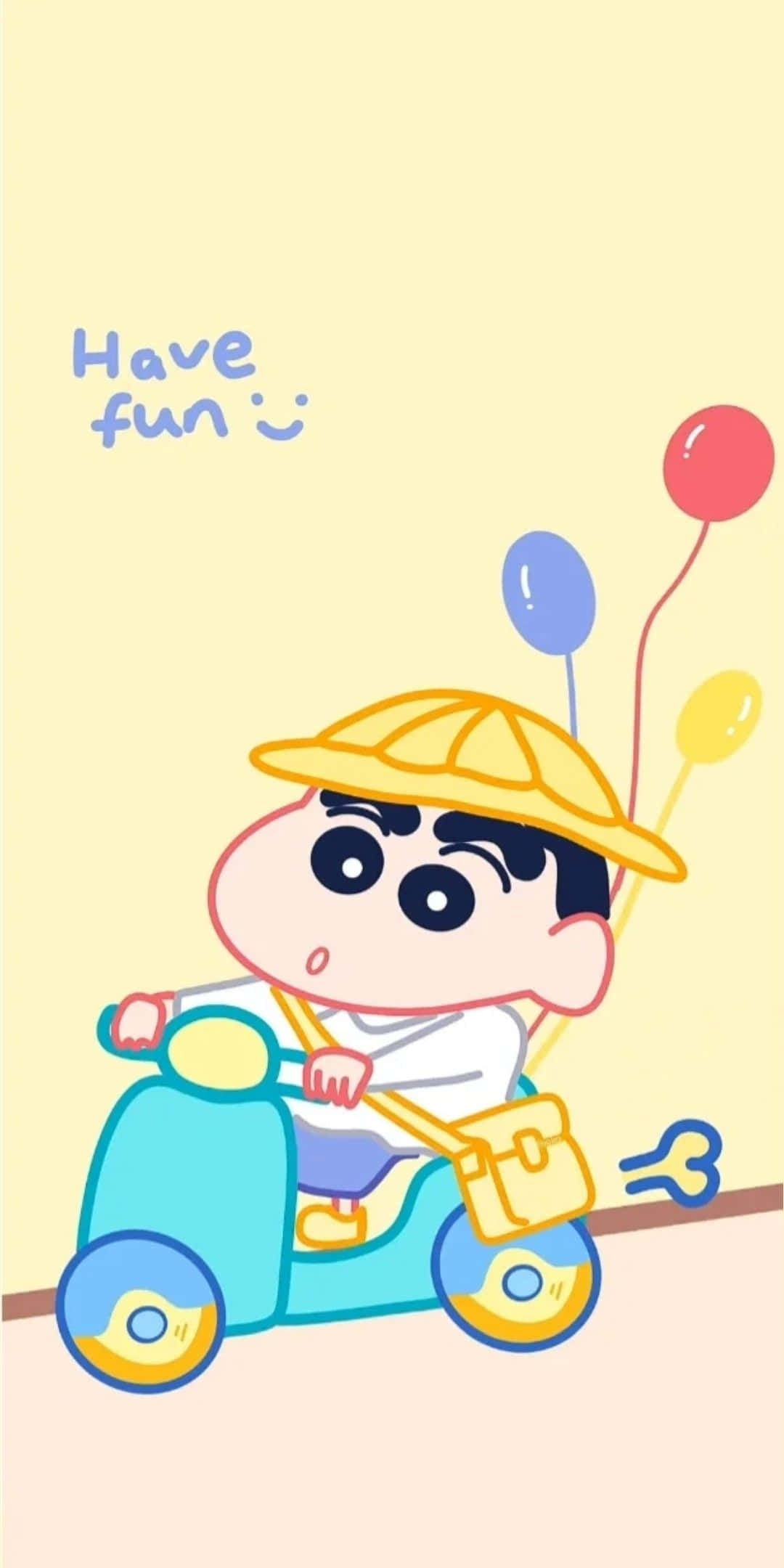 Crayon Shin Chan 桌布 壁紙 — 一個開心的卡通男孩在柔和的黃色背景上騎著藍色滑板車，身後拖著氣球。