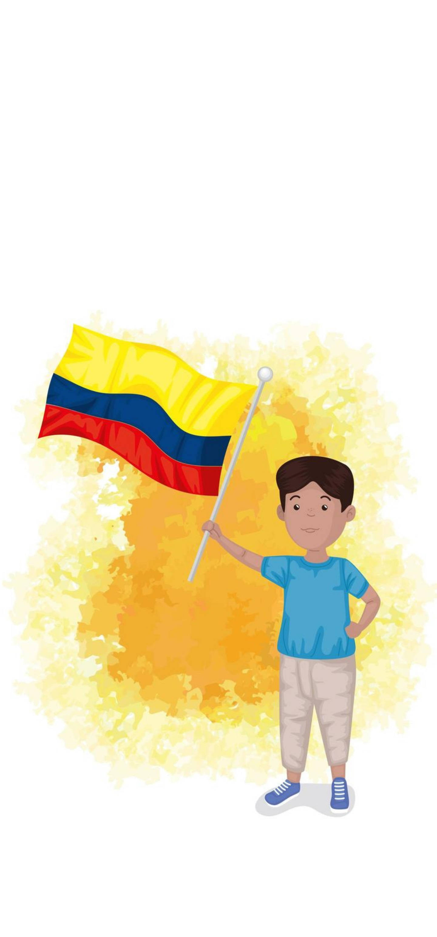 Colombia Flag 桌布 壁紙 — 一個開心的卡通男孩在溫暖的金色潑濺背景前自豪地揮舞著哥倫比亞國旗。