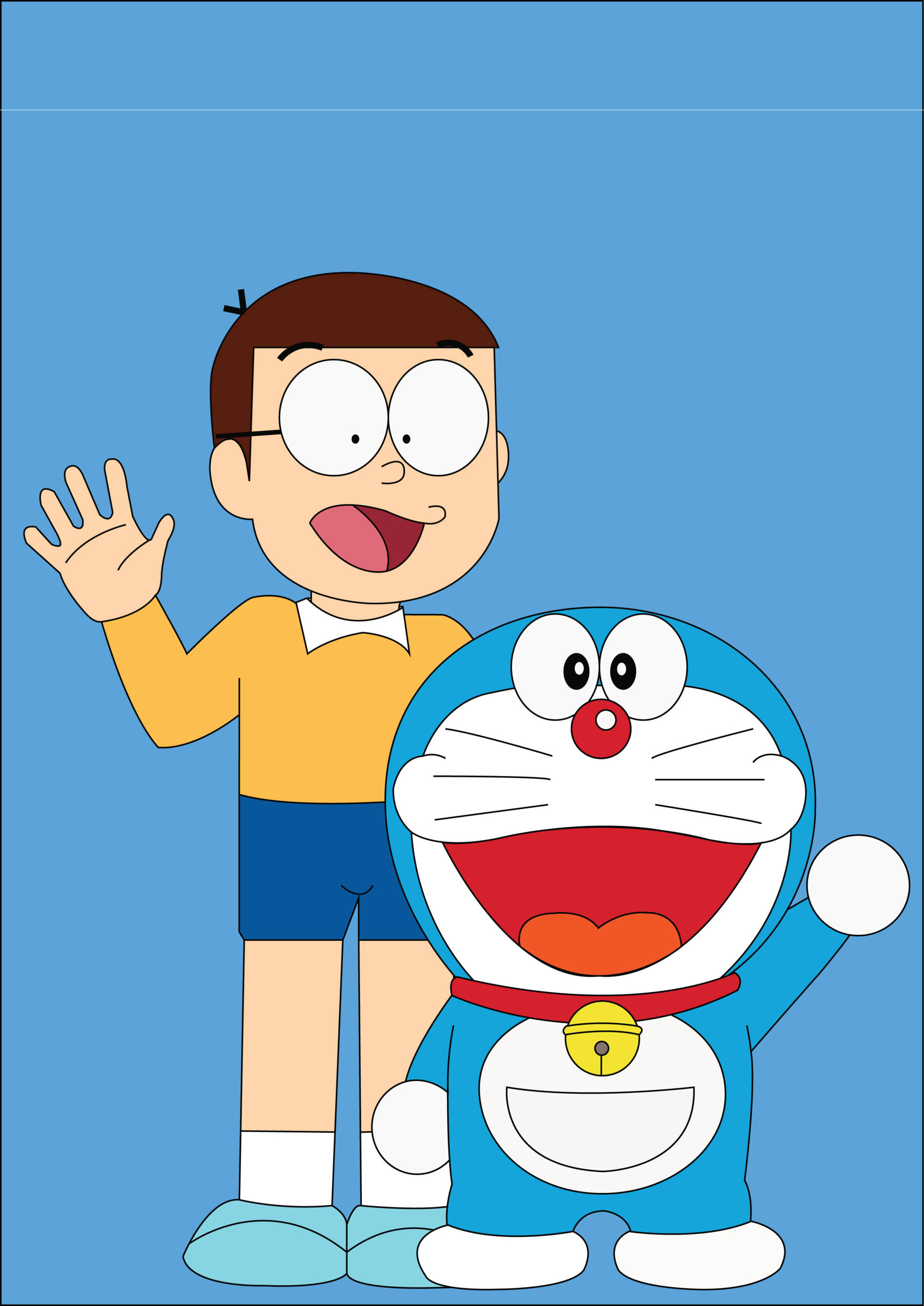doraemon 4K 桌布 壁紙 — 一個開心的卡通男孩在純藍色背景旁與他的藍色機器貓朋友揮手。