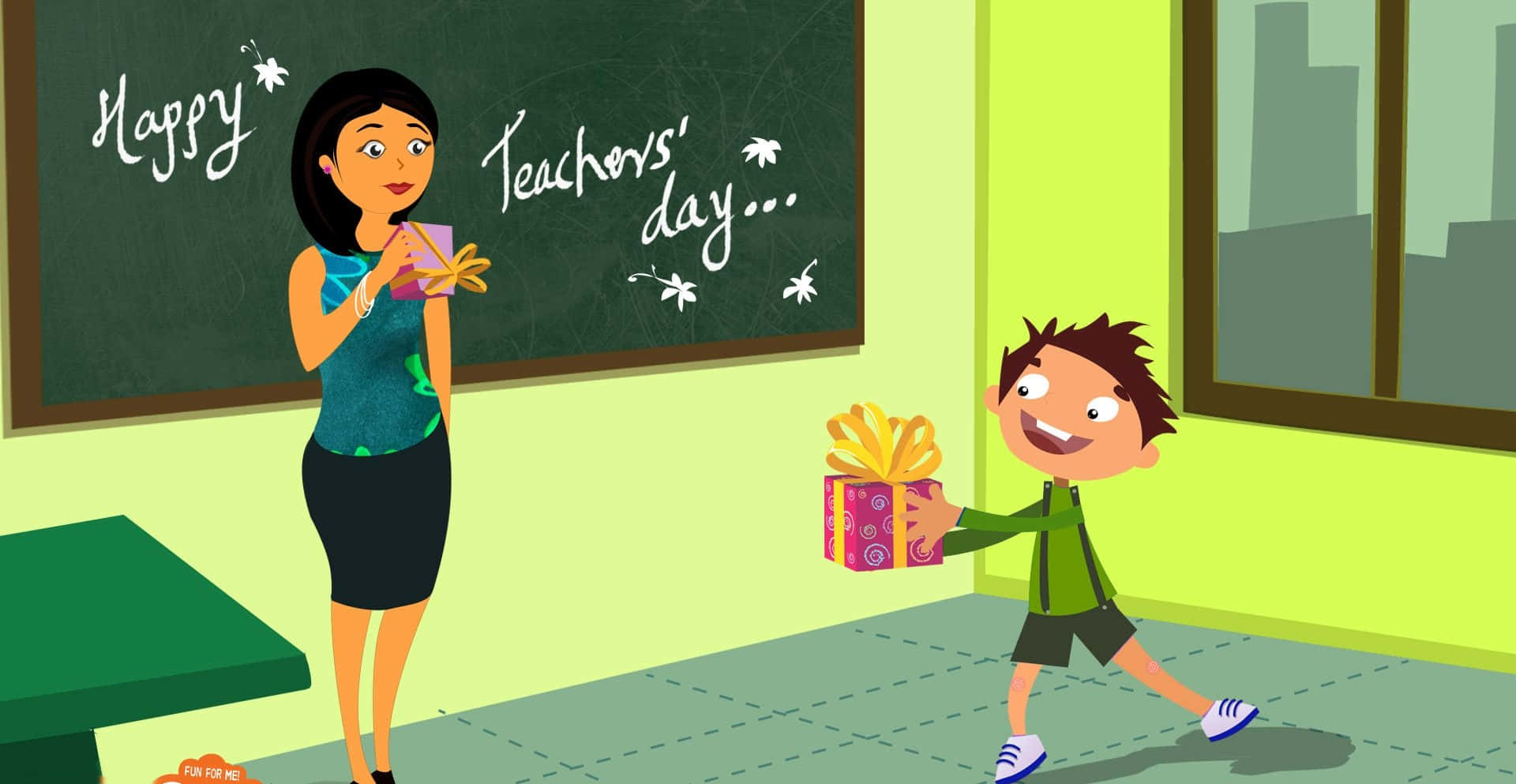 teachers 桌布 壁紙 — 一個開心的卡通男孩在裝飾了教師節的教室裡，向微笑的老師贈送禮物。