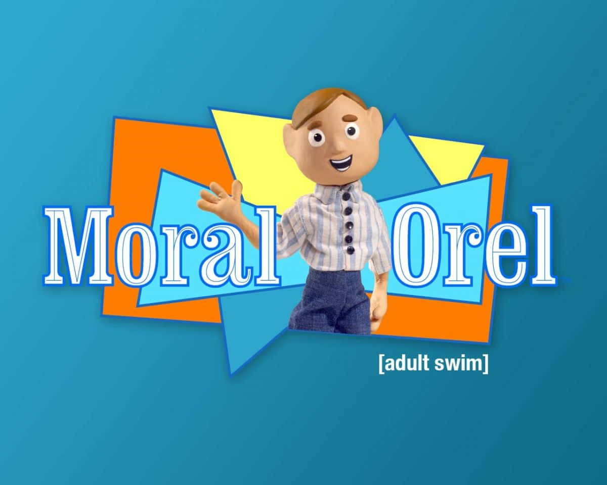 Psychology 桌布 壁紙 — 一個開心的卡通男孩在鮮豔多彩的幾何形狀和標題 Moral Orel 旁邊揮手，背景為純藍色。