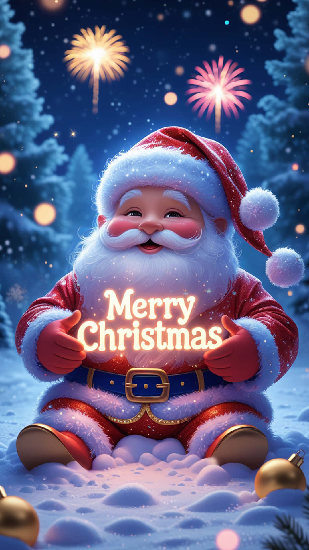 Christmas Wallpaper 壁紙 — 一個開心的卡通聖誕老人坐在雪中，手持發光的「聖誕快樂」文字，煙火在積雪的樹木上方爆炸。