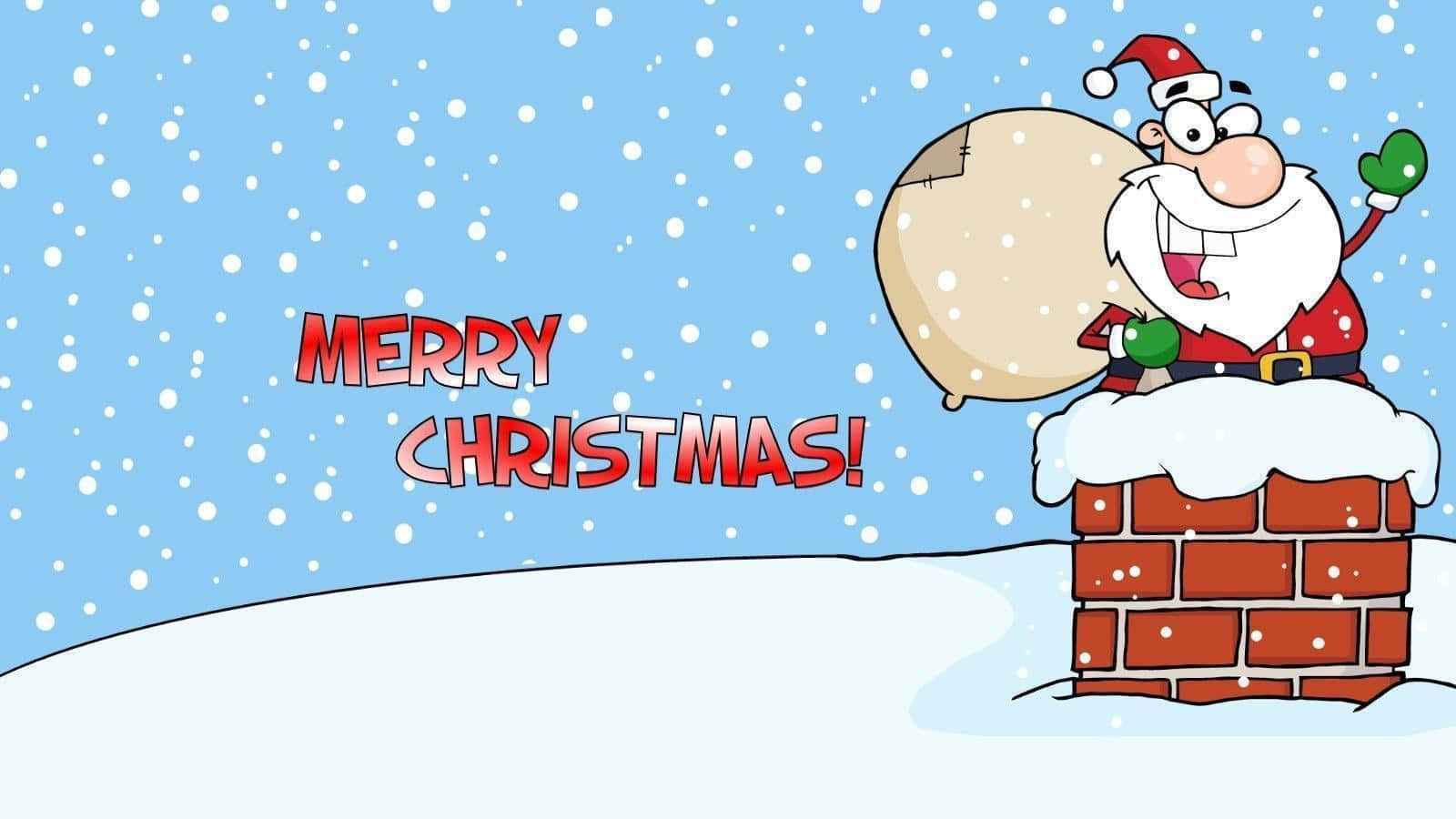 Santa Claus 桌布 壁紙 — 一個開心的卡通聖誕老人從被雪覆蓋的煙囪中出現，拿著一個袋子，背景是飄雪的藍天和「Merry Christmas!」文字。