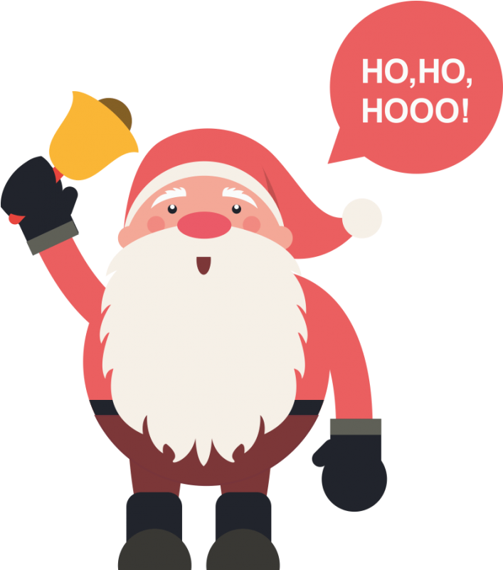 聖誕老人 桌布 壁紙 — 一個開心的卡通聖誕老人穿著紅色西裝，拿著一個黃色鈴鐺，在粉紅色對話框中喊著 ho ho hooo。