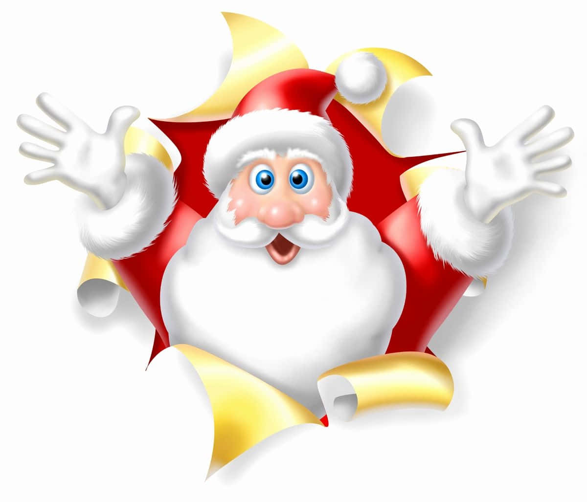 Santa 桌布 壁紙 — 一個開心的卡通聖誕老人穿過撕破的紅色和金色紙張，雙臂張開，表情喜悅。