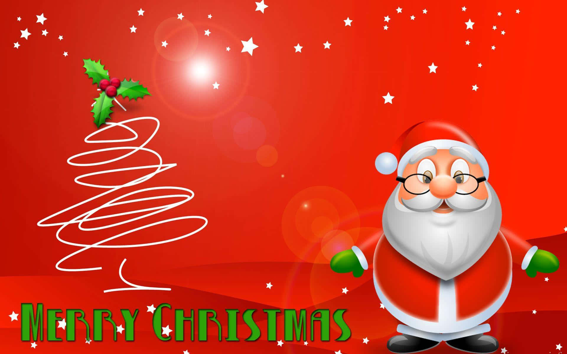 Santa Claus HD 桌布 壁紙 — 一個開心的卡通聖誕老人站在一棵風格化的白色聖誕樹旁邊，背景是充滿星星和節日文字的鮮紅色。