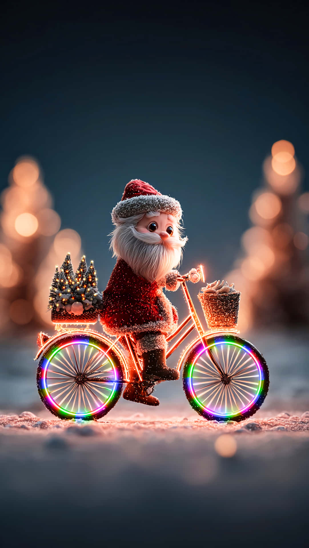 santa claus Christmas Wallpapers 壁紙 — 一個開心的卡通聖誕老人騎著一輛發光的彩虹輪腳踏車穿過雪地，背景有模糊的節日燈光。